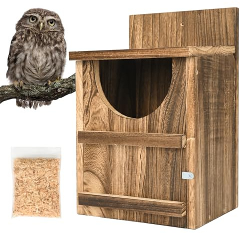 petour Owl House Wooden Bird House Cedar Screech Owl Nesting Box 23*19*37CM | with Mounting Screws,Wood Shavings, U-Shaped Opening Easy-Hang and Cleaning For Many Different Species Of Garden Birds