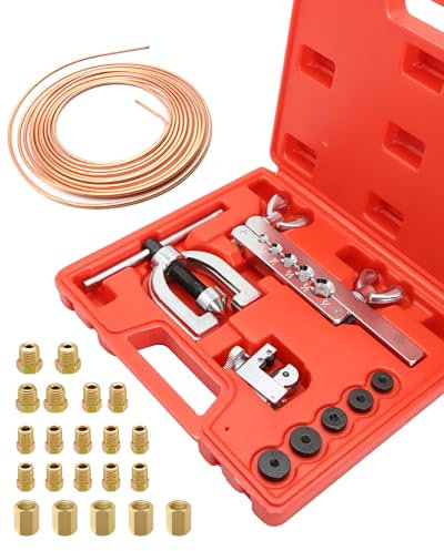 RUIZHI Bremsleitung Bördelgerät Kit - 7,62m, Ø4,75mm Bremsleitung, 45° Einfach und Doppelt Bördelgeräte für Bremsleitungen, mit 16 Anschlüssen+5 Verbinder, Geeignet für die Meisten Brems