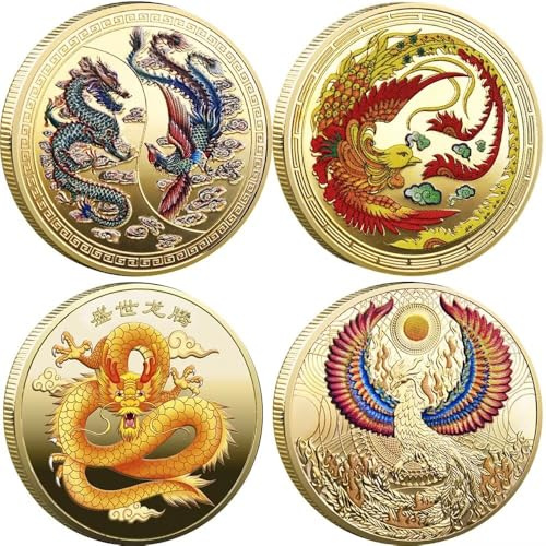 4 st kinesisk drake guld lyckomynt, ger lycka och välstånd, lycka till Phoenix kinesisk utmaning mynt