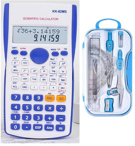 Maths Set Scientific Calculators Protractor and Compass - Basic Stationery Set 240 Functions 2 Line 10+2 Digits,Desk Math for School Protractor and Compass with Rulers and Two Set Squares