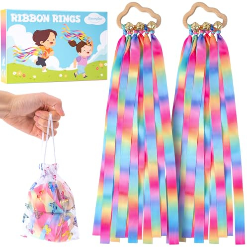 Dawnglow 2Pcs Ribbon Hand Kites, Dancing Ribbons, Rainbow Dancing Streamers with Wood Ring and Bells for Artistic Dance, Gymnastics, Entertainment, Decoration and Party