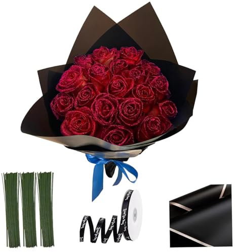 Bouquet de roses brillantes premium, 20pcs 9,5 pouces Bouquet de fleurs brillantes brillantes, de fausses roses bricolage avec de la tige, des rubans d'emballage et du papier d'emballage pour l'anniv
