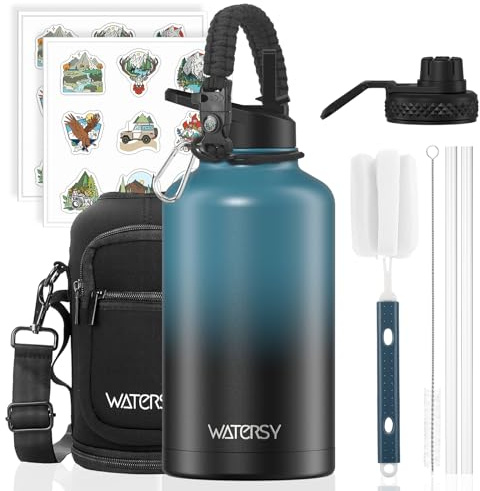 WATERSY Termosflaska 2L Rostfritt Stål, Stor Vattenflaska Vattentät med 2 Lock och Sugrör - BPA-fri för Gym, Vandring, Camping och Sport (Blå/Svart)
