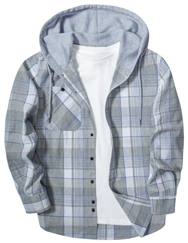 SwissWell Camisas de Franela para Hombre Camisa Casual de Manga Larga con Capucha Camisa de Leñador a Cuadros con Botón y Bolsillo