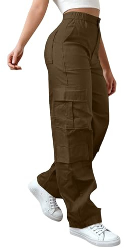 Pantalon cargo extensible à jambe large pour femme - 6 poches utilitaires - Taille haute élastique - Coupe ample - Pantalon évasé pour randonnée, marche, combat - Pantalon de travail décontracté