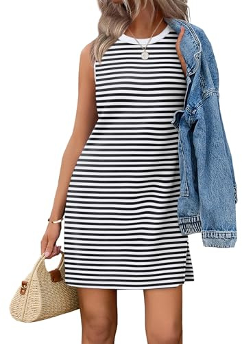 WIHOLL Dresses for Women 2026 Crewneck A Line Casual Summer Sleeveless Tank Dress Fashion Striped Outfits White M