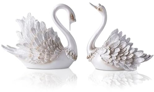 Tissting Large Swan Couple Statue 9.1x5.5x8.3in - Elegant Hand Painted Resin Swan Figurine for Wedding Anniversary Home Decor TV Cabinet Display (Pearl White)