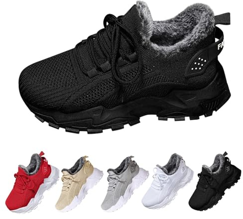 Womens Fleece Lined Trainers Winter Thick Sole Snow Boots Lightweight Lace Up Non Slip Orthopedic Wedge Sneakers Ladies Fashion Comfortable Tennis Walking Jogging Shoes Black