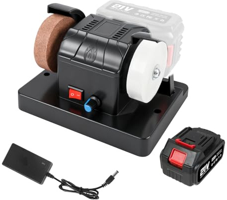 Mini Bench Grinder Polisher, 300W Adjustable Speed Electric Grinding Tool with Coarse and Fine Grinding Wheel, with 3000mAh Battery and Charger for Polishing Grinding Metal Stone