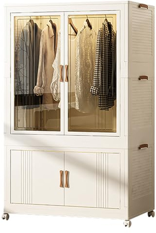 Armario portátil de plástico para colgar ropa, contenedores plegables de almacenamiento con puertas y ruedas, organizador transparente para dormitorio, sala de estar