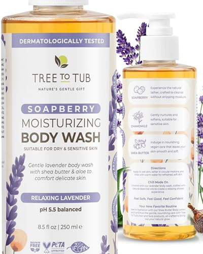 Tree To Tub Lavender Body Wash for Sensitive Skin & Dry Skin - pH Balanced Moisturizing Body Wash, Hydrating Sulfate Free Vegan Body Soap for Women & Men w/Organic Shea Butter, All Natural Aloe Vera