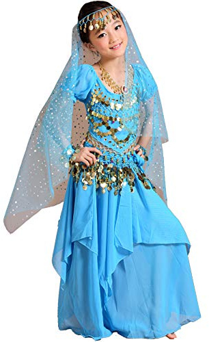 Astage Magdansdräkt för flickor till halloween, outfit, indisk, orientalisk, karneval, komplett set, Himmelsblått, 6-9 År