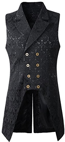 Nofonda Mens Gothic Steampunk Double Breasted Vest Brocade Waistcoat Tailcoat Vest VTG (Black, Medium)