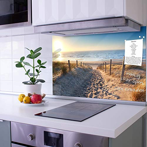 banjado Küchenrückwand Glas ohne Bohren 90x60cm – Glasrückwand Küche mit Motiv Nordseestrand/Spritzschutz Küchenrückwand Glas/selbstklebende Küchenrückwand Platte - magnetisch & beschreibbar