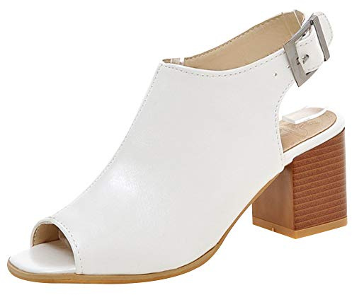 Jamron Women's PU Fashion Peep Toe Slingback Pumps Open Back Block Heel Ankle Strap Sandals Booties White SN020422 UK6