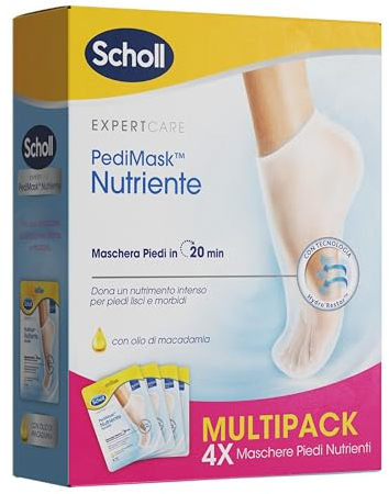 Scholl Pedimask Nutriente con Olio di Macadamia, Maschera Piedi ad Azione Idratante e Rigenerante, 4 Paia di Calzini Idratanti per Piedi Lisci e Morbidi, Tempo di Posa 20 Minuti