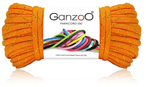Ganzoo Paracord 550 cuerda tipo 3 de nylon/poliéster, 7 hilos de núcleo, 30 m y 4 mm, naranja oro con efecto brillo, cordón multiuso para camping, tensores, pulseras DIY, llaveros y accesorios caninos