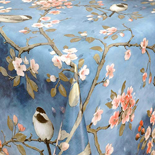 KEVKUS Nappe en toile cirée au mètre 01099-01 - Motif mésanges et fleurs de cerisier - Bleu au choix - Bordure : passepoil (avec ruban en plastique) - 140 x 280 cm - Ovale