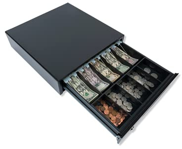 NRS POS Cash Register Drawer - Sturdy Metal Drawer for Small Businesses with Removable Tray - Automatic or Key-Lock (Black)