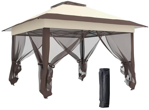 Outsunny Tonnelle de Jardin extérieur tonnelle Pliante 3,6x3,6m avec Double Toit Acier Polyester moustiquaires + Sac de Transport à roulettes Kaki Marron