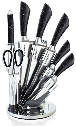Kamberg 0008133 Set di 8 Coltelli in Acciaio Inox, Supporto Acrilico, Coltelli da Cucina, Effetto Pietra