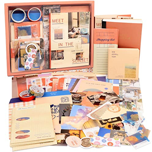 Draupnir Kit d'accessoires de Scrapbooking de 348 Pièces, Orange Esthétique Bullet Journal Scrapbook Kit avec A6 Grille Carnet, DIY Cadeau de Scrapbooking pour Adolescentes - Coucher de Soleil