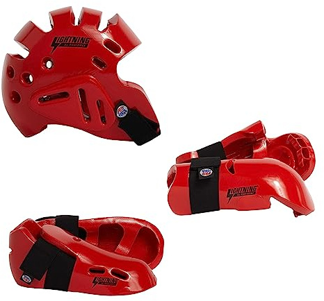 Proforce Lightning Martial Arts Protective Sparring Gear Bundle - Headgear, Gloves, Ultra Kicks (Red, Child Medium)