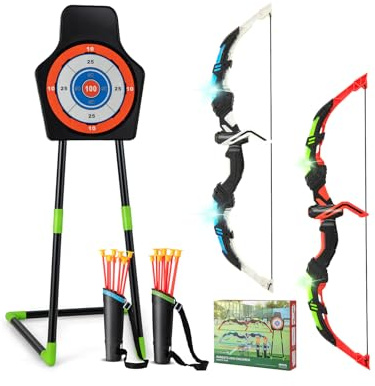 COSTWAY Set di 2 Archi e Frecce per Bambini, Giocattoli con Arco e Frecce LED con 20 Frecce a Ventosa, Fasce per Interni ed Esterni, per Ragazzi 3 anni +