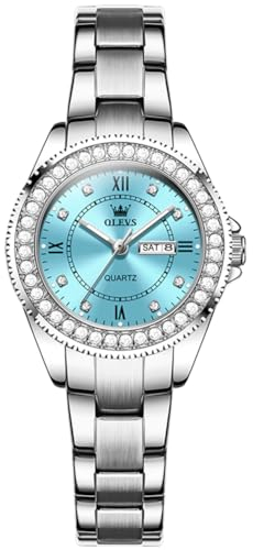 OLEVS Damen Uhren Silber Edelstahl Analoger Quarz Damen Kleid Uhren Blau Großes Gesicht Luxus Diamant mit Datumsanzeige Damenuhr Römische Ziffern Leuchtend Wasserdicht Women Watches
