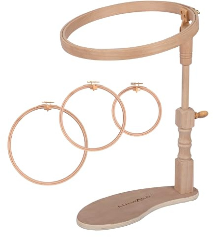Milward Marco de asiento ajustablemanos libres, soporte para rodillas, soporte giratorio para punto de cruz, madera de haya, con 3 aros de 15,24 cm, 20,32 cm y 25,4 cm