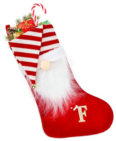 Christmas Stocking, 50cm Large Personalized Christmas Stockings, Fireplace Gnomes Santa Hanging Stockings Christmas Bell Letter Embroidery Christmas Socks for Family Holiday Xmas Party Decorations (F)