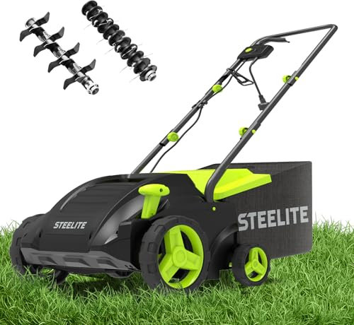 STEELITE Desechador y escarificador eléctrico 2 en 1 de 13 pulgadas, 12 amperios, bolsa de colección extraíble de 8 galones, ajuste de altura de 4 posiciones, ideal para la salud del césped