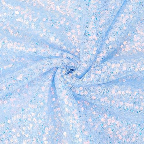 CABODYALS 183cm Hellblau Spitzenstoff Mit 3D Pailletten Sparkly Stoff Tüllband Deko Garn Glitzer Stoffe Zum Nähen Tüllstoff Tischläufer Paillettenstoff Für Partydekorationen Kostüme Nähen Basteln
