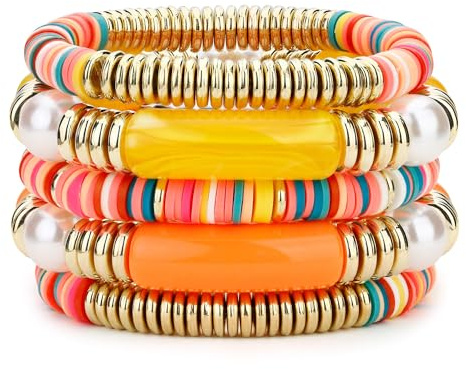 Dochais Multicolores Pulseras Bohemias para Mujer Pulseras Verano Apilables Pulsera Elásticas con Cuentas Colores vivos Juego de 5 Pulsera Dames, Rosa/Naranja/Blanco