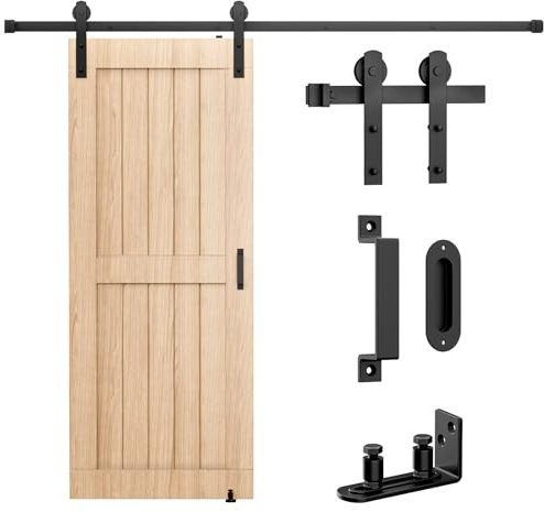 Singnstek Juego completo de herrajes para puertas correderas, sistema de puerta corredera, color negro, 200 cm, con asas/pestillo, guía de suelo ajustable para cocina, dormitorio, granero, garajes