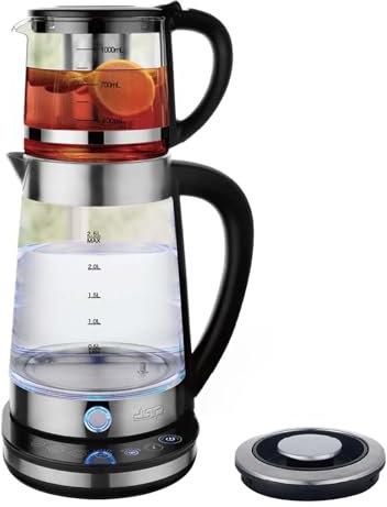 GAOCUNBING Bouilloire électrique en Verre à 2 Couches, théière en Verre Turque 2,2 L + 1 L, Chauffe-Eau à 5 réglages de température avec Base rotative à 360 degrés