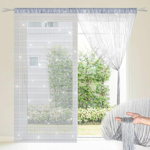 BEIMEIII 2 Pcs String Curtain Panel 100×200cm Glitter Room Divider Fly Bird Barrier Shimmery Window Door Decor for Living Room Bedroom Office (Silver)