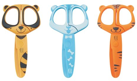 Vaessen Creative Set di Forbici per Bambini Procione, Cane, Tigre - 3 pz da 12 cm - Forbici punta arrotondata per la Sicurezza - Per Mancini e Destrimani - Progetti Creativi e di Hobbistica