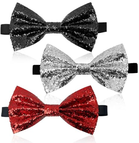 YAUOIPI 3 Pack Glitter Bow Tie for Men, Sequin Pre-tied Bowtie with Adjustable Strap Buckle, Sparkly Bow Tie for Men Christmas Fancy Dress Stage Show Hen Party Carnival (Black,Red,Silver)