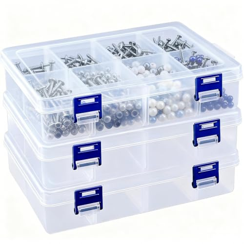 3Pcs Clear Craft Plastic Storage Boxes, Double Buckle Transparent Stackable Organisers Box with Adjustable Dividers, 8 Grids DIY Arts Grids Accessories Storage Boxes for Jewellery Crafts Button