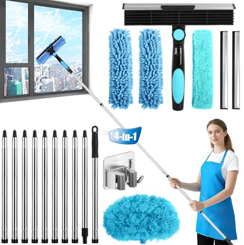 4-in-1 Teleskop Fensterwischer Set – Ausziehbar bis 4m, 360° Drehbarer Kopf, Mikrofasertuchbürsten, Stauber & Gummischaber, Fensterputzer Set für Fenster, Dusche, Auto und Glasreinigung (Blau)