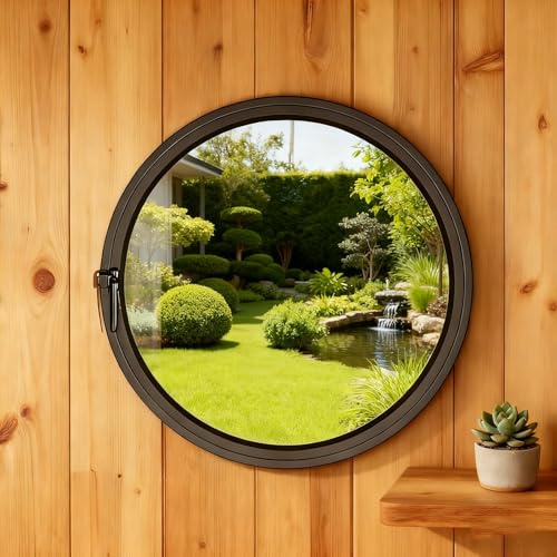 BYJSJY Ventana De Sótano Redonda,Ventana De Ventilación Giratoria Y Abatible Empotrada,Vidrio Templado Y Marco De Aleación De Aluminio,Ventanas Correderas para Baño,Cocina(Black,40cm/15.7in)