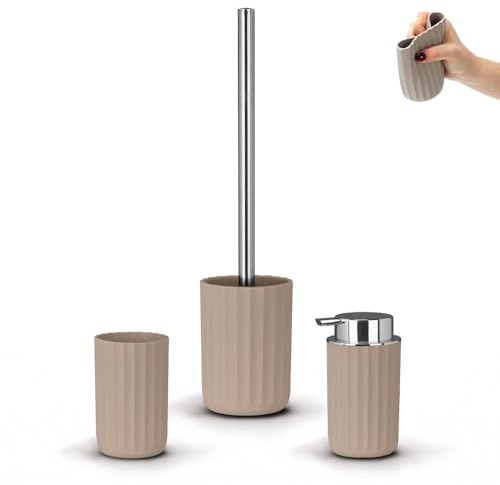 Set Accessori Bagno Moderni 3 Pezzi Linea Gummy – In Gomma Termoplastica Tortora – Dispenser, Portaspazzolino E Portascopino – Flessibile E Antiurto