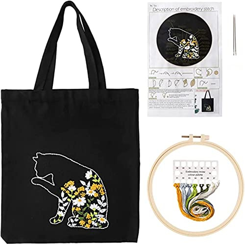 OmeHoin Kit de broderie sac fourre-tout en toile avec motifs végétaux de dessin animé, impression de sacs en toile de coton point de croix kit de bricolage pour débutants