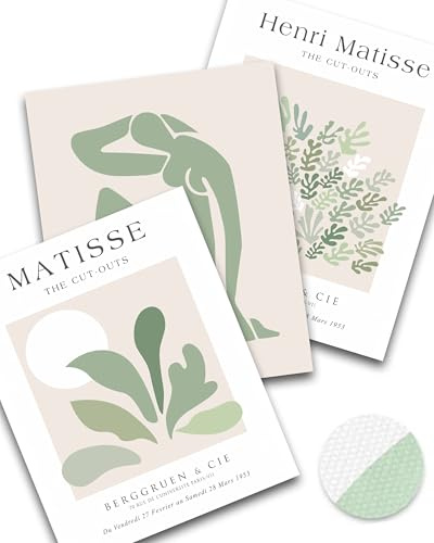 HesenDot Unframed Sage Green Wall Art Set of 3,12x16IN Abstract Matisse Wall Decor,Quality Canvas Prints Posters Decoration for Bathroom Living Room Bedroom