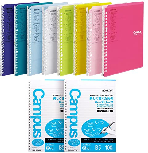 KOKUYO Campus Smart Ring Binder, Up to 25 Sheets, B5, 26 Holes (Total 8-Color & 2 Sheets Paper Set) ﾙ-SP130