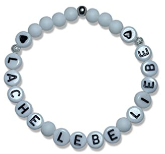 Majas Perlen Armband Lache Lebe Liebe - Acryl Hellgrau 6mm - echte Edelsteine Rosenquarz Labradorit Amazonit uvm. - Geschenk Motto Statement Glücksbringer - Handmade Personalisierbar