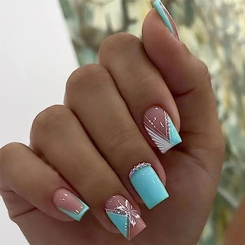 TMUT 24pcs French Tip False Nails Short Square Stick on Nails Blue Pink Press on Nail with White Flower Patterns Removable Glue on Acrylic Full Cover Fake Nail Art Accessories for Women Girls