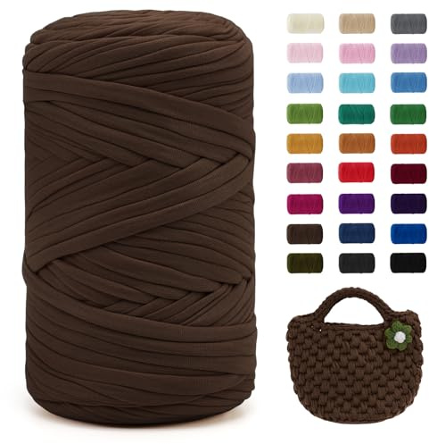 Uiopa Coffee T-Shirt Yarn, 400g/120m Elastic Fabric Crochet Cloth T Shirt Yarn, Chunky Hand Knitting Polyester Ribbon for Crocheting Bags/Baskets/Rugs, Home Decor, DIY Crafts