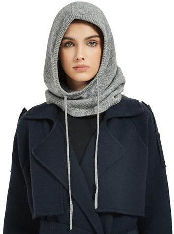 Unisexe Cagoule Bonnet Echarpe à Capuche, 10% Cachemire & 90% Laine, Hiver Doux Tricoté Chapeau Tube Écharpe 2 en 1 pour Femme Homme, Mode Chaud Foulard Loop à Capuche en Tricot, Cadeau Grey F